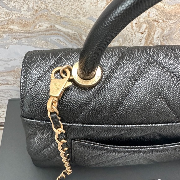 Chanel Caviar Chevron Quilted Mini Coco Black Leather Handle Flap Bag - Picture 8 of 15